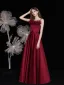 Fashion Burgundy Satin Dancing Prom Dresses 2021 A-Line / Princess Spaghetti Straps Sleeveless Beading Pearl Bow Sash Floor-Length / Long Ruffle Backless Formal Dresses