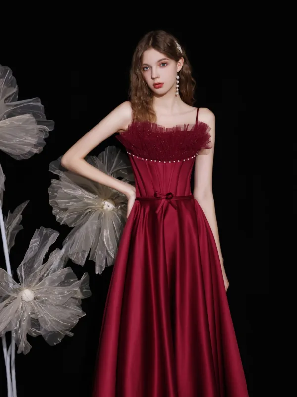 Fashion Burgundy Satin Dancing Prom Dresses 2021 A-Line / Princess Spaghetti Straps Sleeveless Beading Pearl Bow Sash Floor-Length / Long Ruffle Backless Formal Dresses
