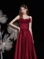 Fashion Burgundy Satin Dancing Prom Dresses 2021 A-Line / Princess Spaghetti Straps Sleeveless Beading Pearl Bow Sash Floor-Length / Long Ruffle Backless Formal Dresses