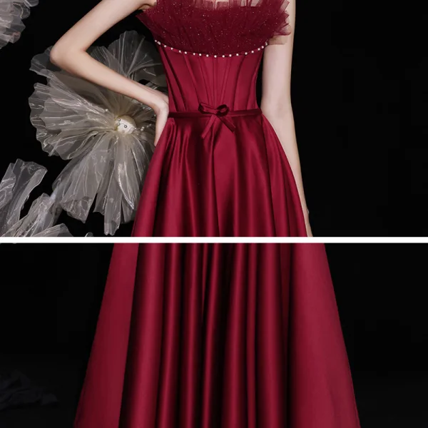 Fashion Burgundy Satin Dancing Prom Dresses 2021 A-Line / Princess Spaghetti Straps Sleeveless Beading Pearl Bow Sash Floor-Length / Long Ruffle Backless Formal Dresses