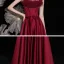 Fashion Burgundy Satin Dancing Prom Dresses 2021 A-Line / Princess Spaghetti Straps Sleeveless Beading Pearl Bow Sash Floor-Length / Long Ruffle Backless Formal Dresses