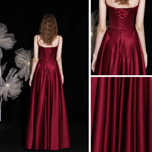 Fashion Burgundy Satin Dancing Prom Dresses 2021 A-Line / Princess Spaghetti Straps Sleeveless Beading Pearl Bow Sash Floor-Length / Long Ruffle Backless Formal Dresses