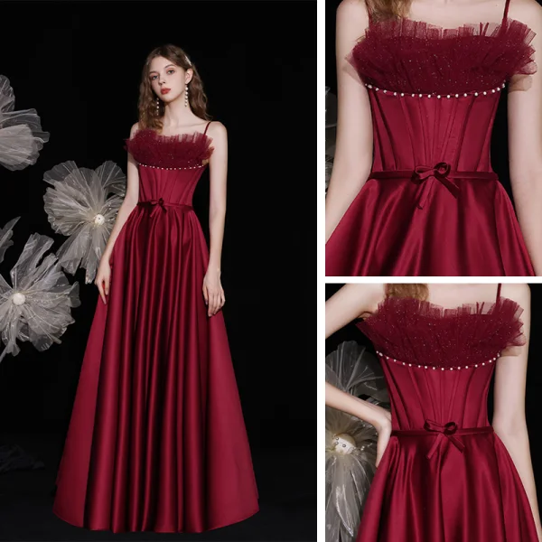 Fashion Burgundy Satin Dancing Prom Dresses 2021 A-Line / Princess Spaghetti Straps Sleeveless Beading Pearl Bow Sash Floor-Length / Long Ruffle Backless Formal Dresses