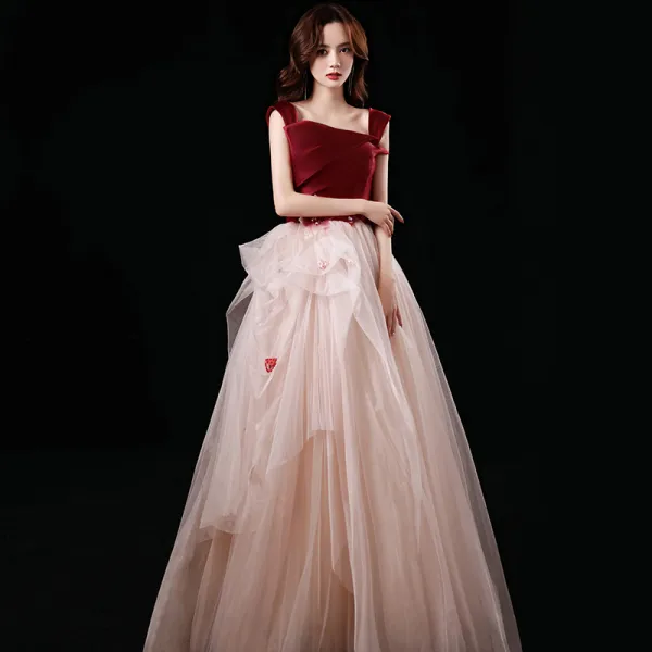 Two Tone Red Champagne Prom Dresses 2021 A-Line / Princess Off-The-Shoulder Short Sleeve Appliques Lace Beading Floor-Length / Long Ruffle Backless Formal Dresses