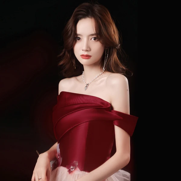 Two Tone Red Champagne Prom Dresses 2021 A-Line / Princess Off-The-Shoulder Short Sleeve Appliques Lace Beading Floor-Length / Long Ruffle Backless Formal Dresses