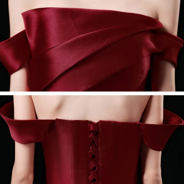 Two Tone Red Champagne Prom Dresses 2021 A-Line / Princess Off-The-Shoulder Short Sleeve Appliques Lace Beading Floor-Length / Long Ruffle Backless Formal Dresses