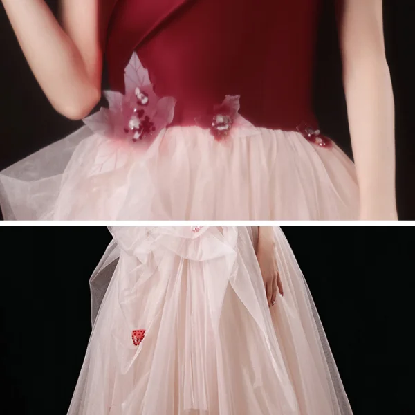Two Tone Red Champagne Prom Dresses 2021 A-Line / Princess Off-The-Shoulder Short Sleeve Appliques Lace Beading Floor-Length / Long Ruffle Backless Formal Dresses
