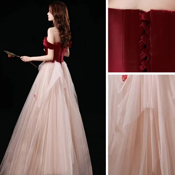 Two Tone Red Champagne Prom Dresses 2021 A-Line / Princess Off-The-Shoulder Short Sleeve Appliques Lace Beading Floor-Length / Long Ruffle Backless Formal Dresses