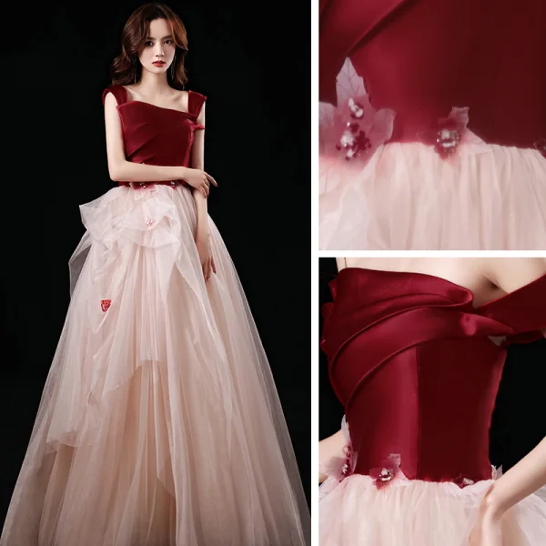Two Tone Red Champagne Prom Dresses 2021 A-Line / Princess Off-The-Shoulder Short Sleeve Appliques Lace Beading Floor-Length / Long Ruffle Backless Formal Dresses