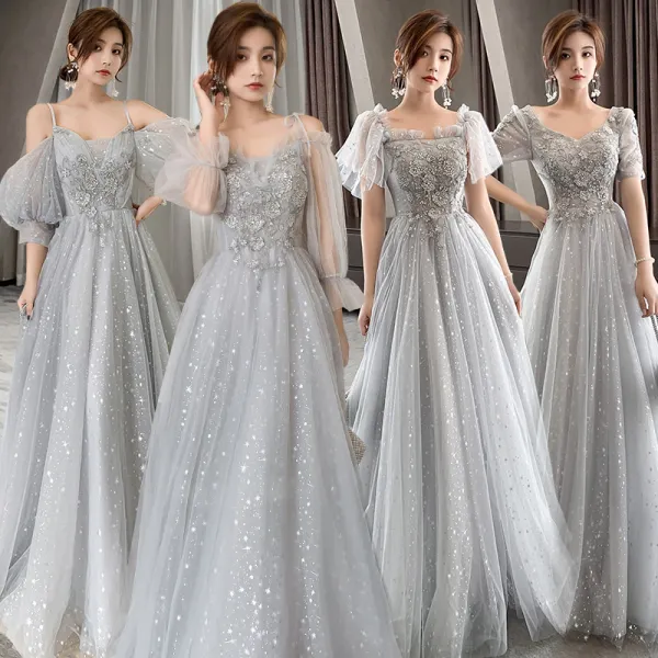 Sparkly Grey Bridesmaid Dresses 2021 A-Line / Princess Backless Appliques Lace Beading Sequins Floor-Length / Long Ruffle