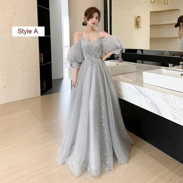 Scintillantes Gris Robe Demoiselle D'honneur 2021 Princesse Dos Nu Appliques En Dentelle Perlage Paillettes Longue Volants