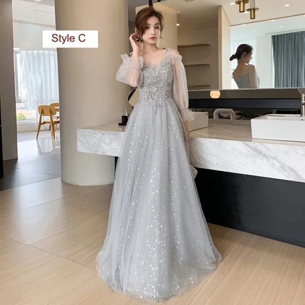 Sparkly Grey Bridesmaid Dresses 2021 A-Line Princess Backless Appliques Lace Beading