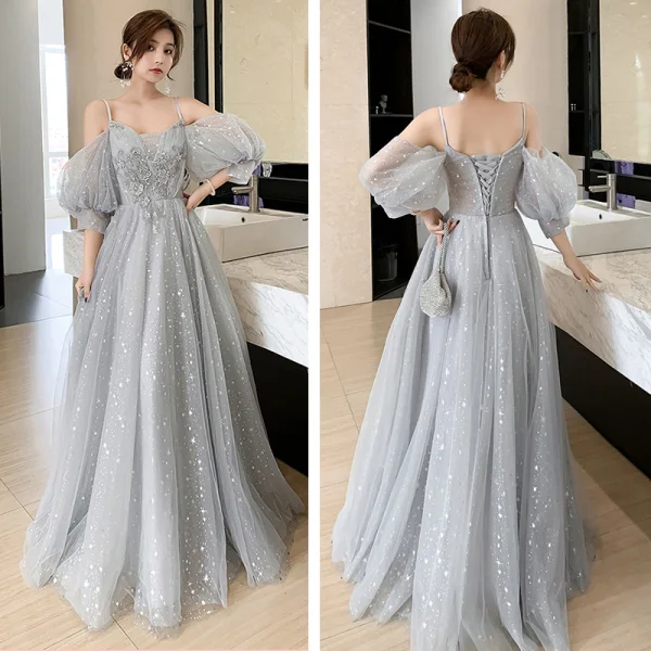 Scintillantes Gris Robe Demoiselle D'honneur 2021 Princesse Dos Nu Appliques En Dentelle Perlage Paillettes Longue Volants