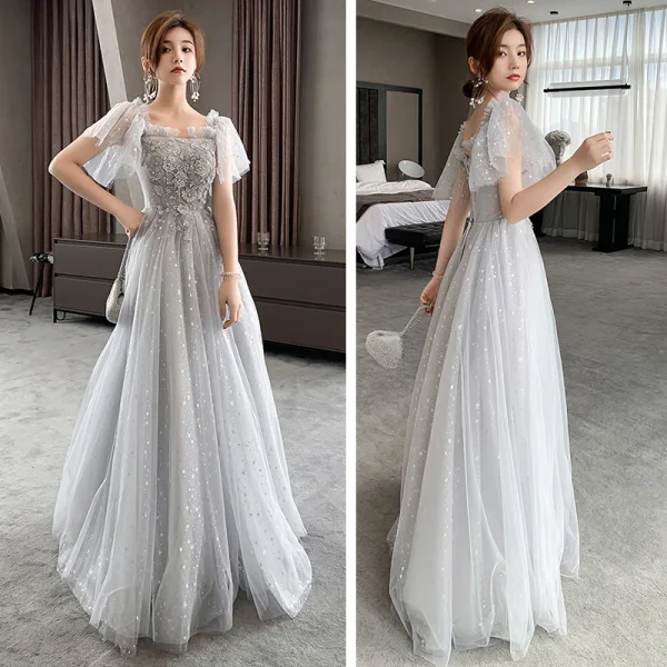 Scintillantes Gris Robe Demoiselle D'honneur 2021 Princesse Dos Nu Appliques En Dentelle Perlage Paillettes Longue Volants