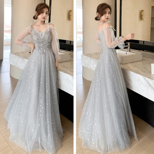 Scintillantes Gris Robe Demoiselle D'honneur 2021 Princesse Dos Nu Appliques En Dentelle Perlage Paillettes Longue Volants