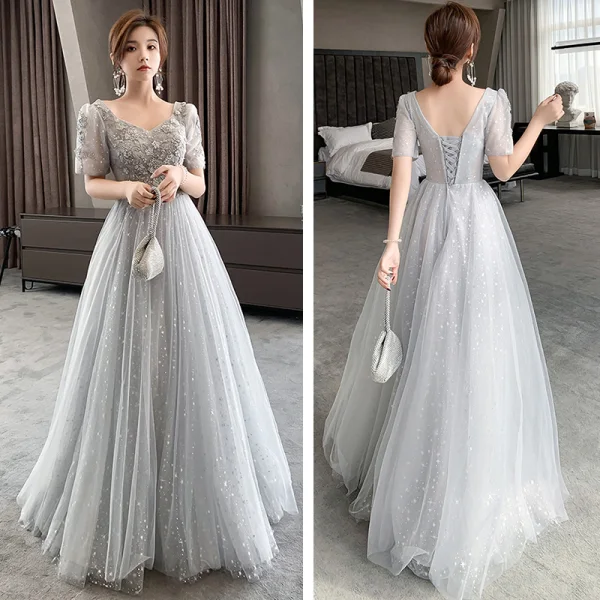 Sparkly Grey Bridesmaid Dresses 2021 A-Line Princess Backless Appliques Lace Beading Sparkly Grey Bridesmaid Dresses 2021 A-Line Princess Backless Appliques Lace Beading