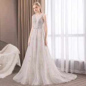 Modern Fashion Grey Evening Dresses 2019 A Line Princess Scoop Neck Sleeveless Star Embroidered Bow Sash Court Train Ruffle Backless Formal Dresses