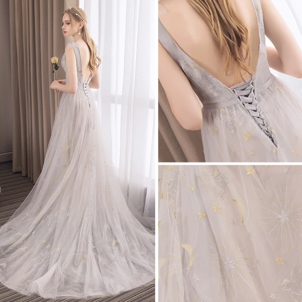 Modern / Fashion Grey Evening Dresses 2019 A-Line / Princess Scoop Neck Sleeveless Star Embroidered Bow Sash Court Train Ruffle Backless Formal Dresses