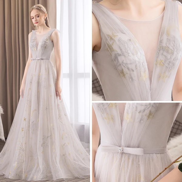 Modern / Fashion Grey Evening Dresses 2019 A-Line / Princess Scoop Neck Sleeveless Star Embroidered Bow Sash Court Train Ruffle Backless Formal Dresses