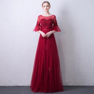 Chic Belle Bordeaux Transparentes Robe De Soirée 2019 Princesse Encolure Dégagée Manches De Cloche Ceinture Appliques En Dentelle Perle Longue Volants Dos Nu Robe De Ceremonie