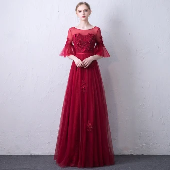 Chic Beautiful Burgundy See Through Evening Dresses 2019 A Line Princess Scoop Neck Bell Sleeves Sash Appliques Lace Pearl Floor Length Long Ruffle Backless Formal Dresses