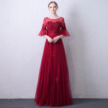 Chic Beautiful Burgundy See Through Evening Dresses 2019 A Line Princess Scoop Neck Bell Sleeves Sash Appliques Lace Pearl Floor Length Long Ruffle Backless Formal Dresses