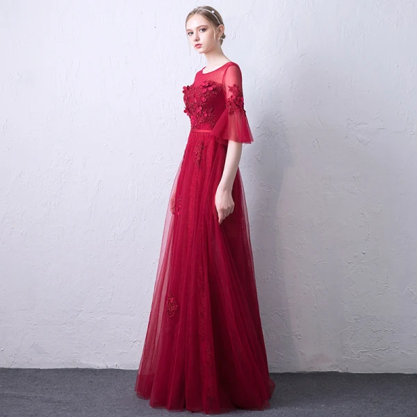 Chic / Beautiful Burgundy See-through Evening Dresses 2019 A-Line / Princess Scoop Neck Bell sleeves Sash Appliques Lace Pearl Floor-Length / Long Ruffle Backless Formal Dresses