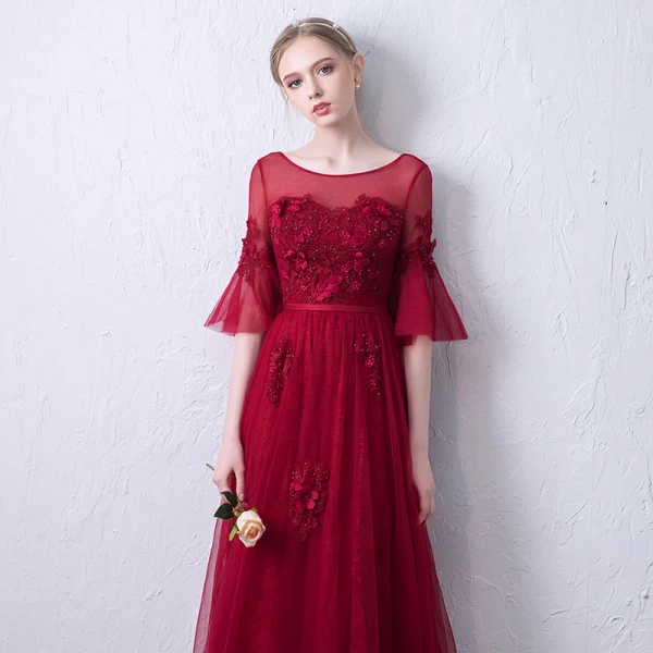 Chic / Beautiful Burgundy See-through Evening Dresses 2019 A-Line / Princess Scoop Neck Bell sleeves Sash Appliques Lace Pearl Floor-Length / Long Ruffle Backless Formal Dresses