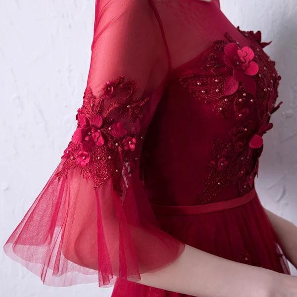 Chic / Beautiful Burgundy See-through Evening Dresses 2019 A-Line / Princess Scoop Neck Bell sleeves Sash Appliques Lace Pearl Floor-Length / Long Ruffle Backless Formal Dresses