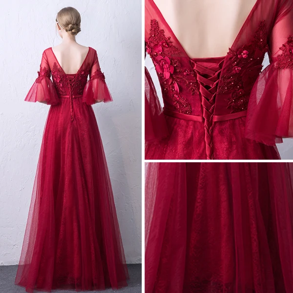 Chic / Beautiful Burgundy See-through Evening Dresses 2019 A-Line / Princess Scoop Neck Bell sleeves Sash Appliques Lace Pearl Floor-Length / Long Ruffle Backless Formal Dresses