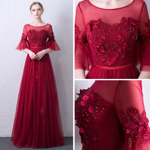 Chic / Beautiful Burgundy See-through Evening Dresses 2019 A-Line / Princess Scoop Neck Bell sleeves Sash Appliques Lace Pearl Floor-Length / Long Ruffle Backless Formal Dresses