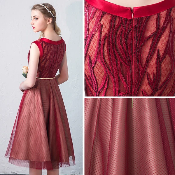 Modern / Fashion Red See-through Homecoming Graduation Dresses 2019 A-Line / Princess Scoop Neck Sleeveless Appliques Lace Sequins Metal Sash Knee-Length Ruffle Formal Dresses