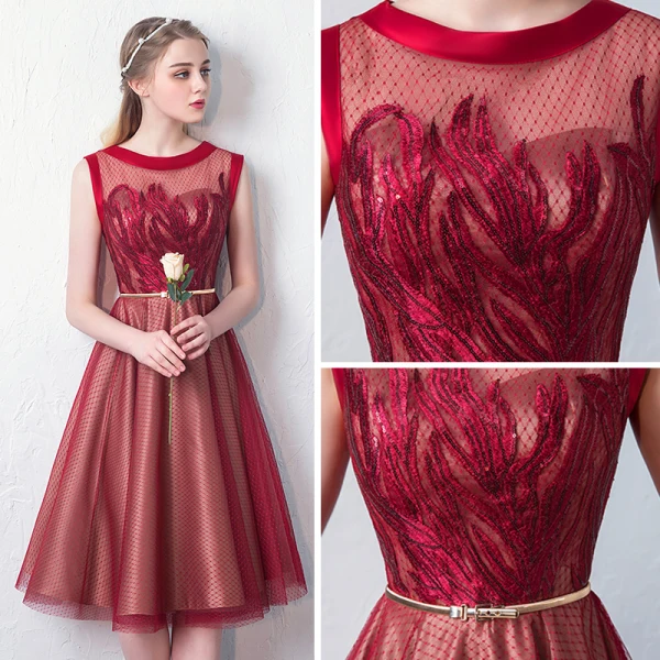 Modern / Fashion Red See-through Homecoming Graduation Dresses 2019 A-Line / Princess Scoop Neck Sleeveless Appliques Lace Sequins Metal Sash Knee-Length Ruffle Formal Dresses