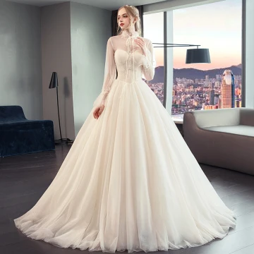 Vintage Originale Champagne Transparentes Robe De Mariée 2019 Princesse Col Haut Gonflée Manches Longues Perle Perlage Chapel Train Volants