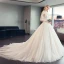 Vintage / Originale Champagne Transparentes Robe De Mariée 2019 Princesse Col Haut Gonflée Manches Longues Perle Perlage Chapel Train Volants