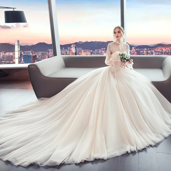 Vintage / Originale Champagne Transparentes Robe De Mariée 2019 Princesse Col Haut Gonflée Manches Longues Perle Perlage Chapel Train Volants