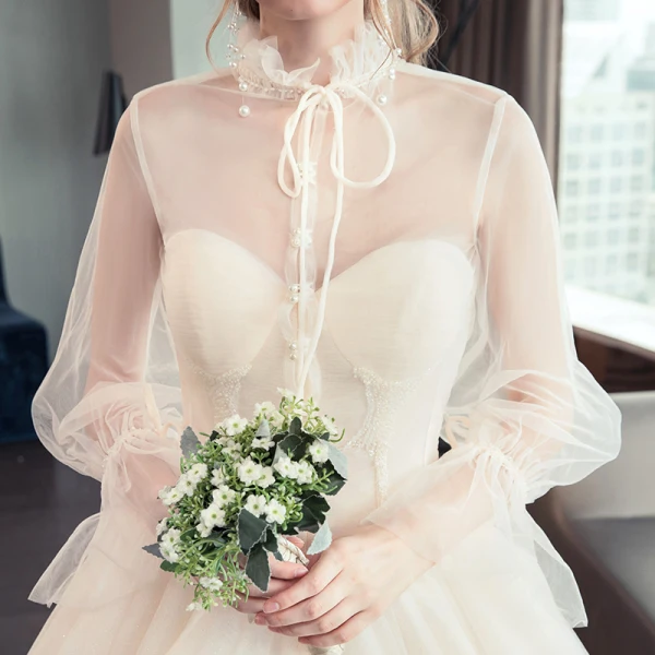 Vintage / Originale Champagne Transparentes Robe De Mariée 2019 Princesse Col Haut Gonflée Manches Longues Perle Perlage Chapel Train Volants