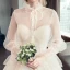 Vintage / Originale Champagne Transparentes Robe De Mariée 2019 Princesse Col Haut Gonflée Manches Longues Perle Perlage Chapel Train Volants