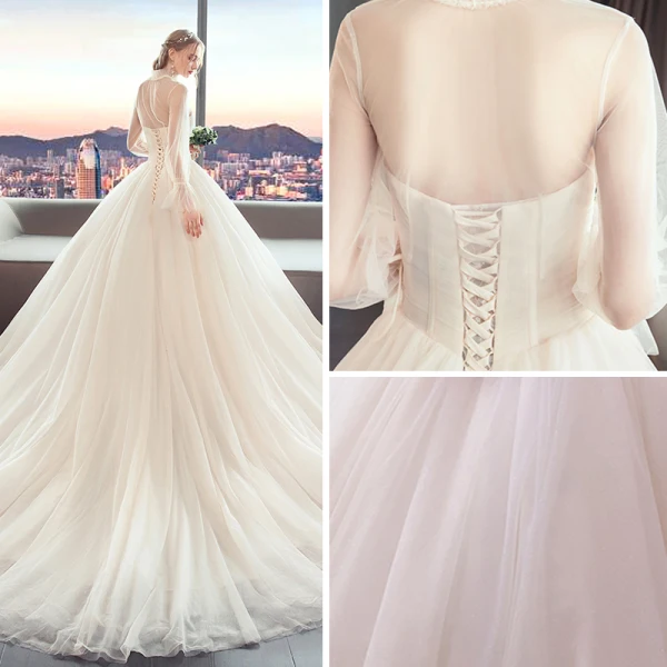 Vintage / Originale Champagne Transparentes Robe De Mariée 2019 Princesse Col Haut Gonflée Manches Longues Perle Perlage Chapel Train Volants