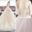 Vintage / Originale Champagne Transparentes Robe De Mariée 2019 Princesse Col Haut Gonflée Manches Longues Perle Perlage Chapel Train Volants