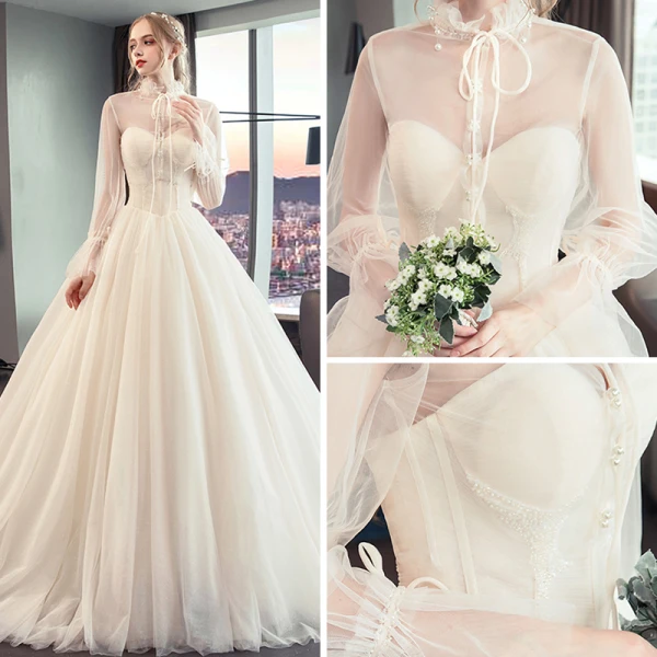 Vintage / Originale Champagne Transparentes Robe De Mariée 2019 Princesse Col Haut Gonflée Manches Longues Perle Perlage Chapel Train Volants