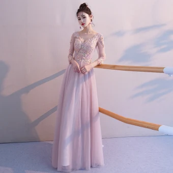 Elegant Blushing Pink See Through Evening Dresses 2019 A Line Princess V Neck 3 4 Sleeve Appliques Lace Beading Floor Length Long Ruffle Backless Formal Dresses