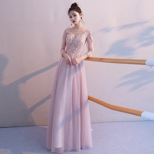 Elegante Blozen Roze Doorzichtige Avondjurken 2019 A lijn V-Hals 3/4 Mouwen Appliques Kant Kralen Lange Ruche Ruglooze Gelegenheid Jurken