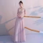 Elegante Blozen Roze Doorzichtige Avondjurken 2019 A lijn V-Hals 3/4 Mouwen Appliques Kant Kralen Lange Ruche Ruglooze Gelegenheid Jurken