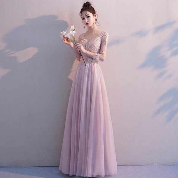 Elegante Blozen Roze Doorzichtige Avondjurken 2019 A lijn V-Hals 3/4 Mouwen Appliques Kant Kralen Lange Ruche Ruglooze Gelegenheid Jurken