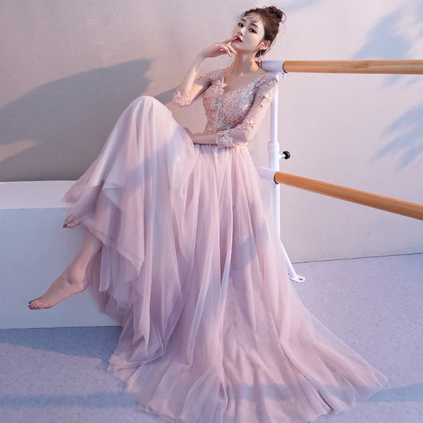 Elegante Blozen Roze Doorzichtige Avondjurken 2019 A lijn V-Hals 3/4 Mouwen Appliques Kant Kralen Lange Ruche Ruglooze Gelegenheid Jurken