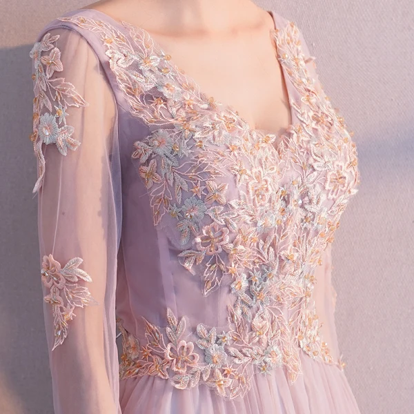 Elegante Blozen Roze Doorzichtige Avondjurken 2019 A lijn V-Hals 3/4 Mouwen Appliques Kant Kralen Lange Ruche Ruglooze Gelegenheid Jurken