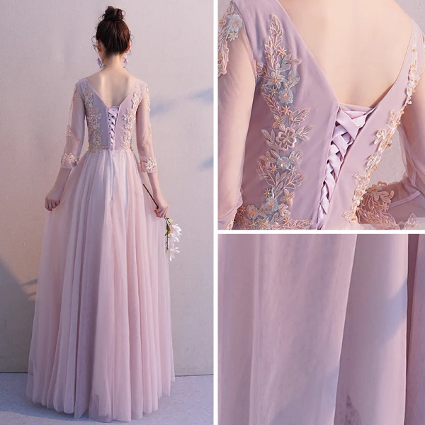 Elegante Blozen Roze Doorzichtige Avondjurken 2019 A lijn V-Hals 3/4 Mouwen Appliques Kant Kralen Lange Ruche Ruglooze Gelegenheid Jurken