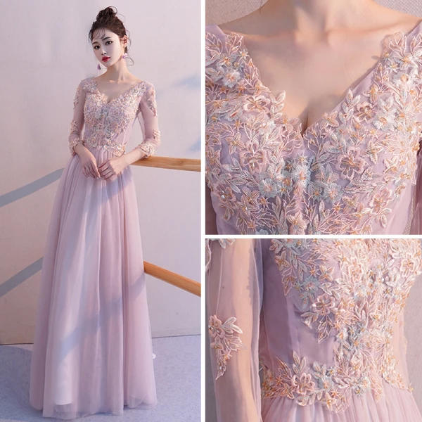 Elegante Blozen Roze Doorzichtige Avondjurken 2019 A lijn V-Hals 3/4 Mouwen Appliques Kant Kralen Lange Ruche Ruglooze Gelegenheid Jurken