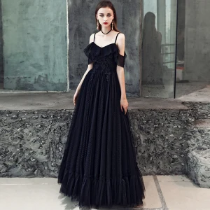Abordable Noire Robe De Bal 2019 Princesse Bretelles Spaghetti Manches Courtes Appliques En Dentelle Longue Volants Dos Nu Robe De Ceremonie